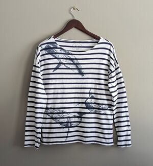 J.Crew Women Medium Blue Striped Top Whale Wildlife Nautical Long Sleeve M Shirt